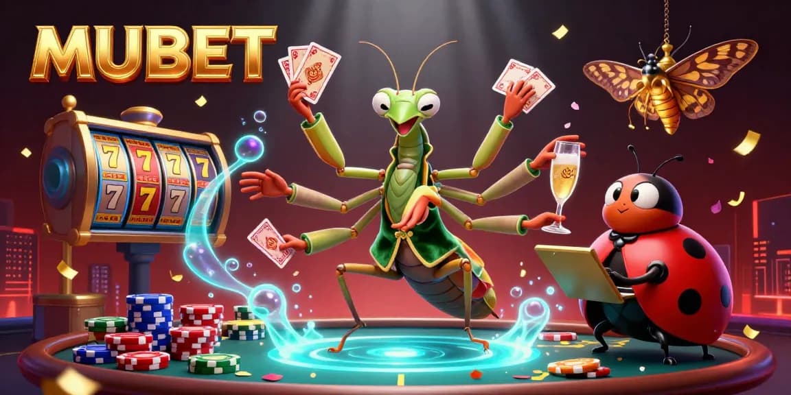 MUBET showcases a vibrant 3D casino scene with a card sharp and pit boss, full of engaging gaming elements.
