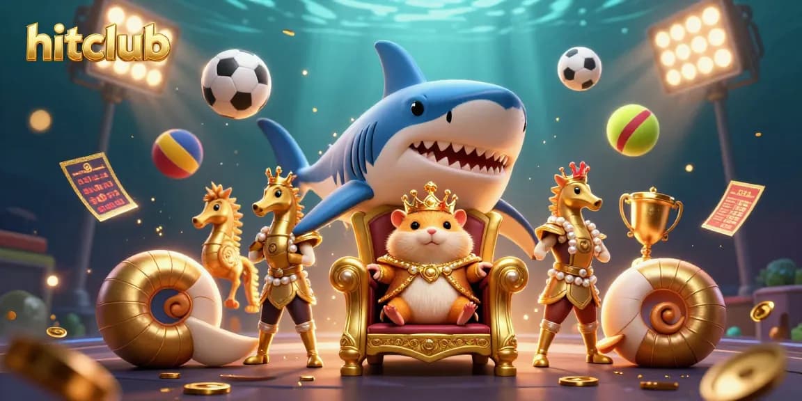 Engage in hitclub gaming with an ultra-detailed 3D scene featuring a fierce hamster king, royal guards, and dynamic sports symbols.