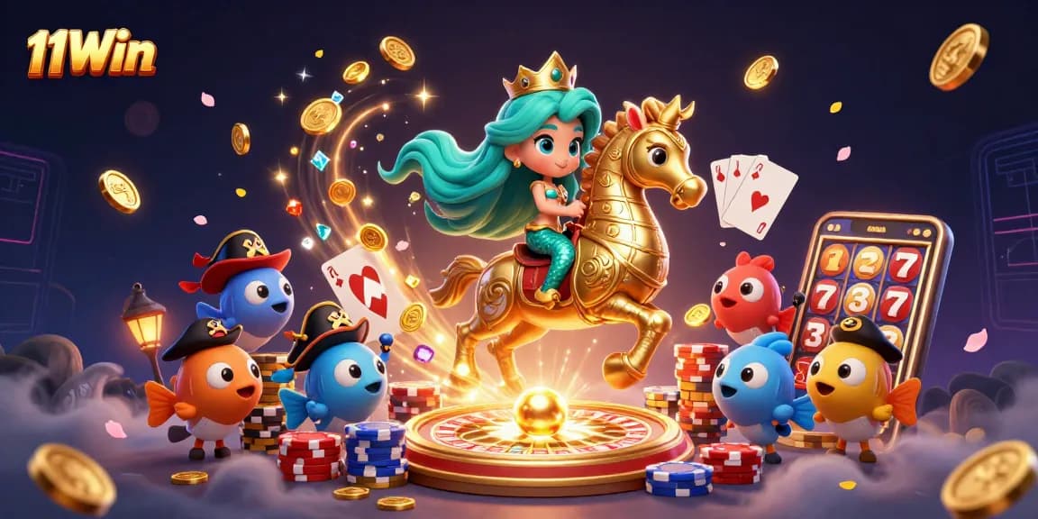 Engage with the vibrant world of 11Win Casino as the mermaid princess rides her seahorse amidst shimmering riches.