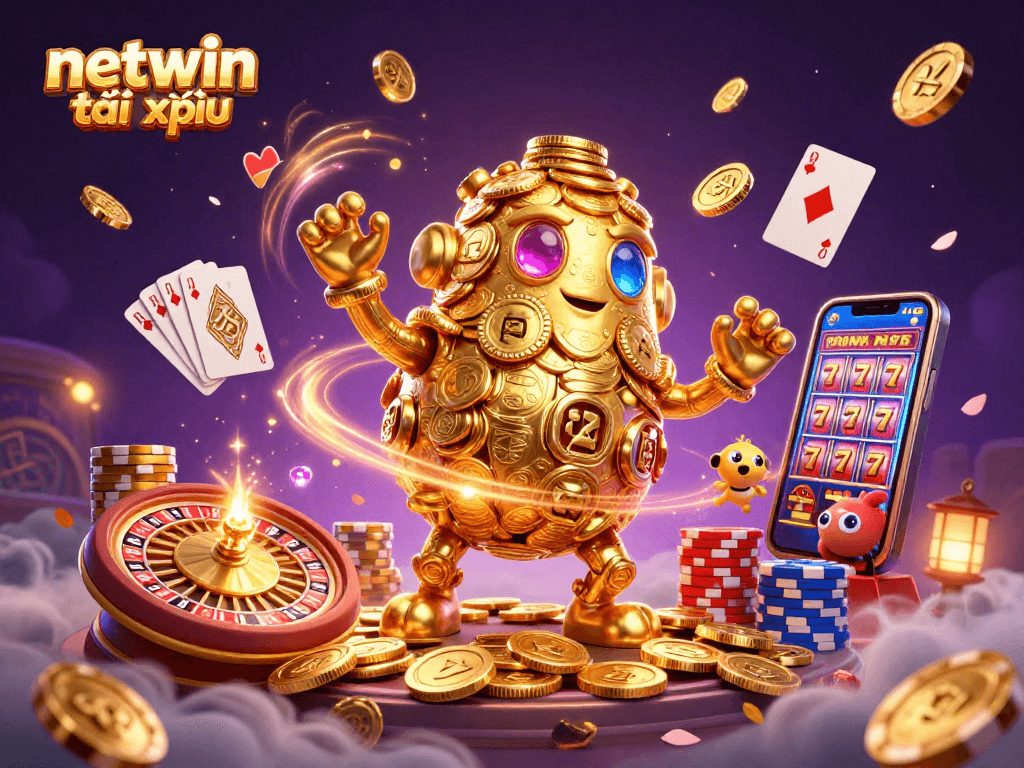 Win big with netwin tài xỉu, featuring an ancient golden golem amidst glowing casino elements.