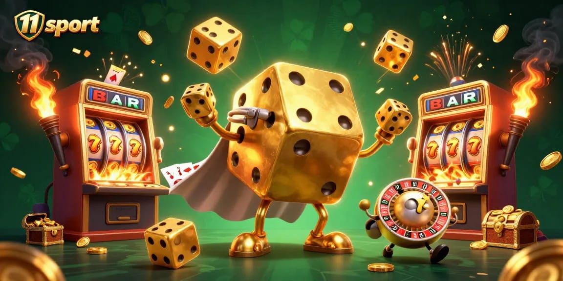 Experience the thrill of 11 sport casino action with golden dice and slot machines overflowing with wealth.