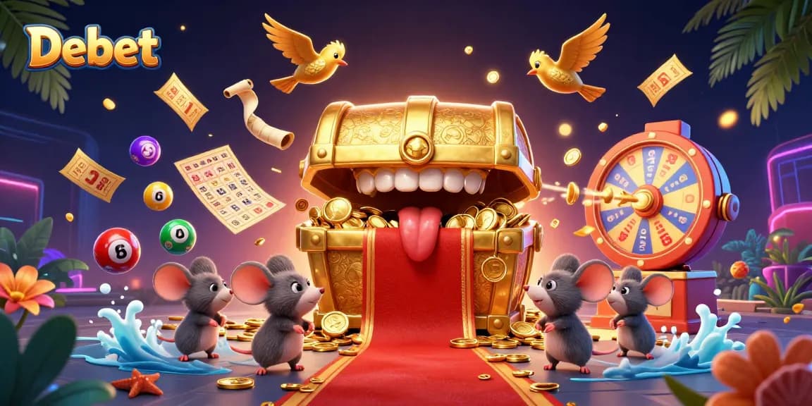 Engage with Debet's thriving online casino environment, surrounded by vibrant lottery balls and golden treasures.