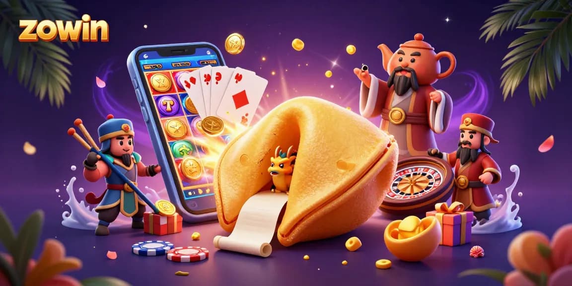 Zowin engages gamblers with a dynamic casino scene featuring a fortune cookie and animated elements.