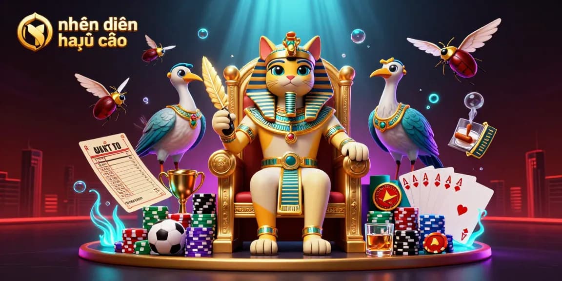 Experience strategic betting insights with nhận định kèo nhà cái, featuring Egyptian pharaoh cat and vibrant casino elements.