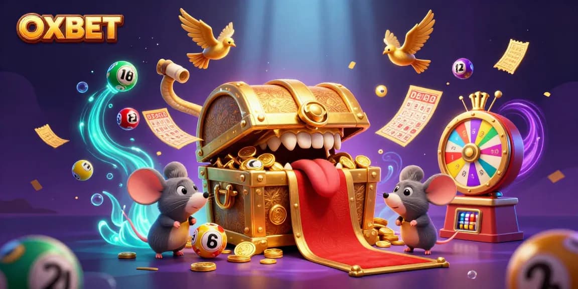 Engaging OXBET gaming scene with a treasure chest and colorful lottery elements.