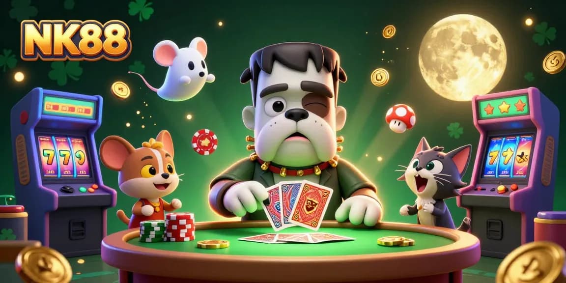 Engage with NK88's thrilling casino experience featuring cartoon monsters and exciting game elements.