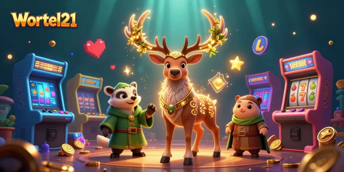 Engage in thrilling gameplay with Wortel21 at this vibrant 3D casino illustration featuring dynamic characters.