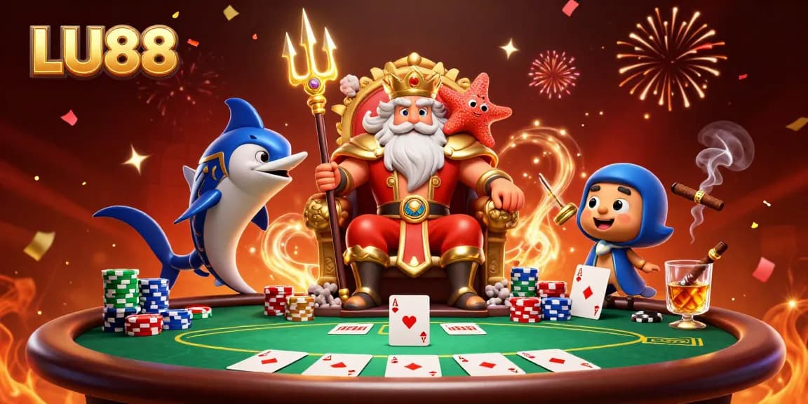 LU88 players enjoying a vibrant 3D casino scene full of poker excitement and festive decorations.