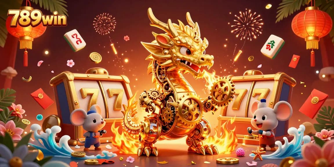 Engage with 789win's dynamic gaming universe as a golden dragon breathes gears, amidst exciting slot elements and festive designs.