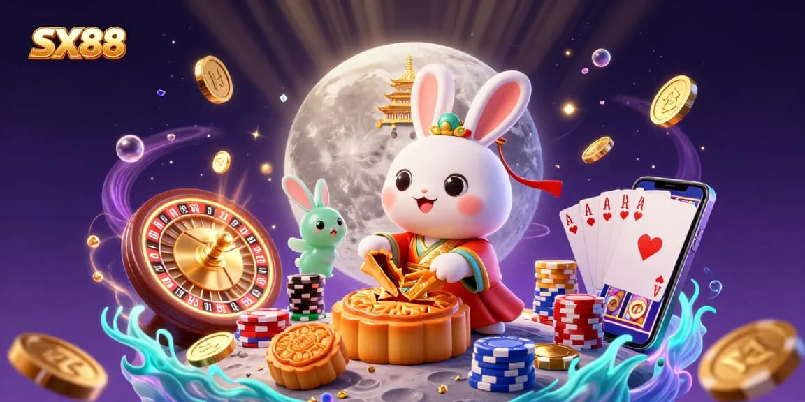 SX88 captures the excitement of gaming with a lively scene featuring a moon rabbit and casino elements.