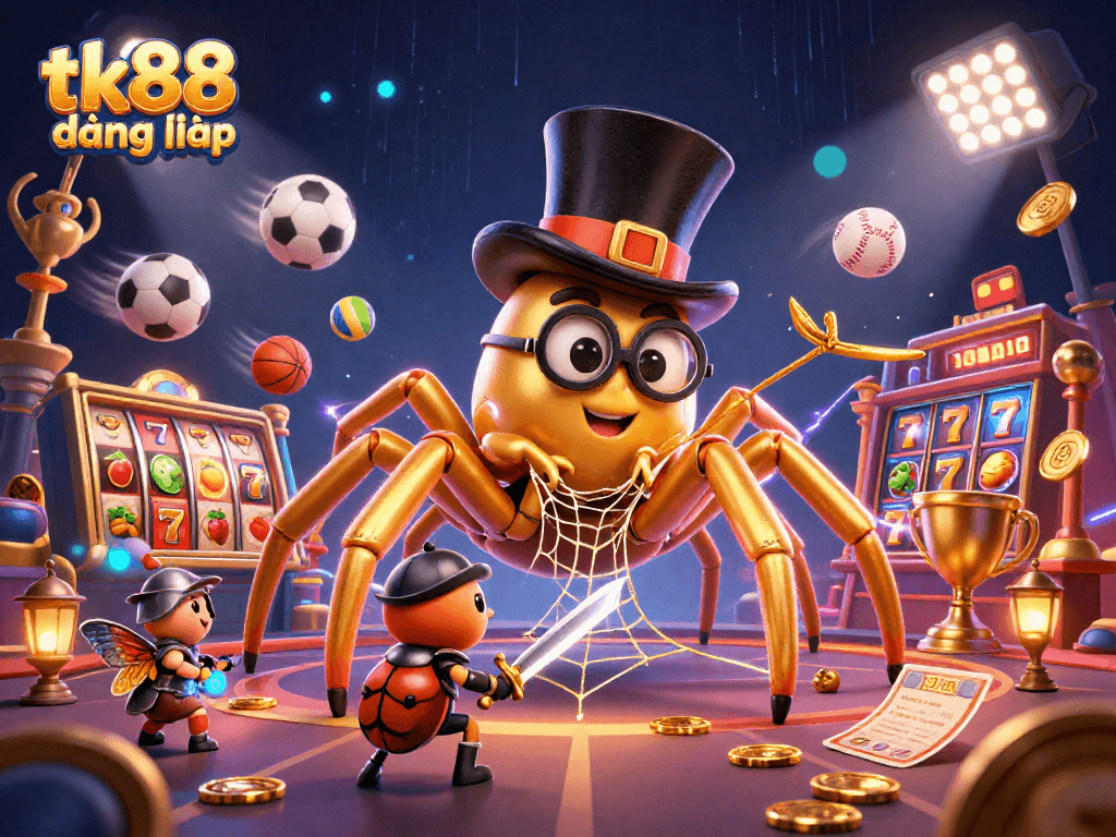 Engage in thrilling adventures with tk88 đăng nhập at the casino, featuring colorful slot reels and dynamic characters.