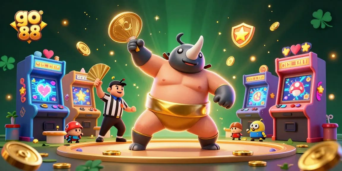 Engage in thrilling action at go 88 as the sumo beetle champion stomps, coins fly, and colorful gaming features enhance the scene.