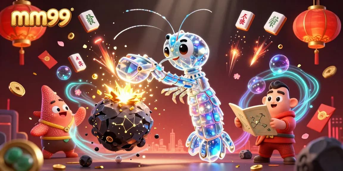 Experience thrilling adventures at mm99 with a galactic samurai mantis shrimp and treasure-filled scene.