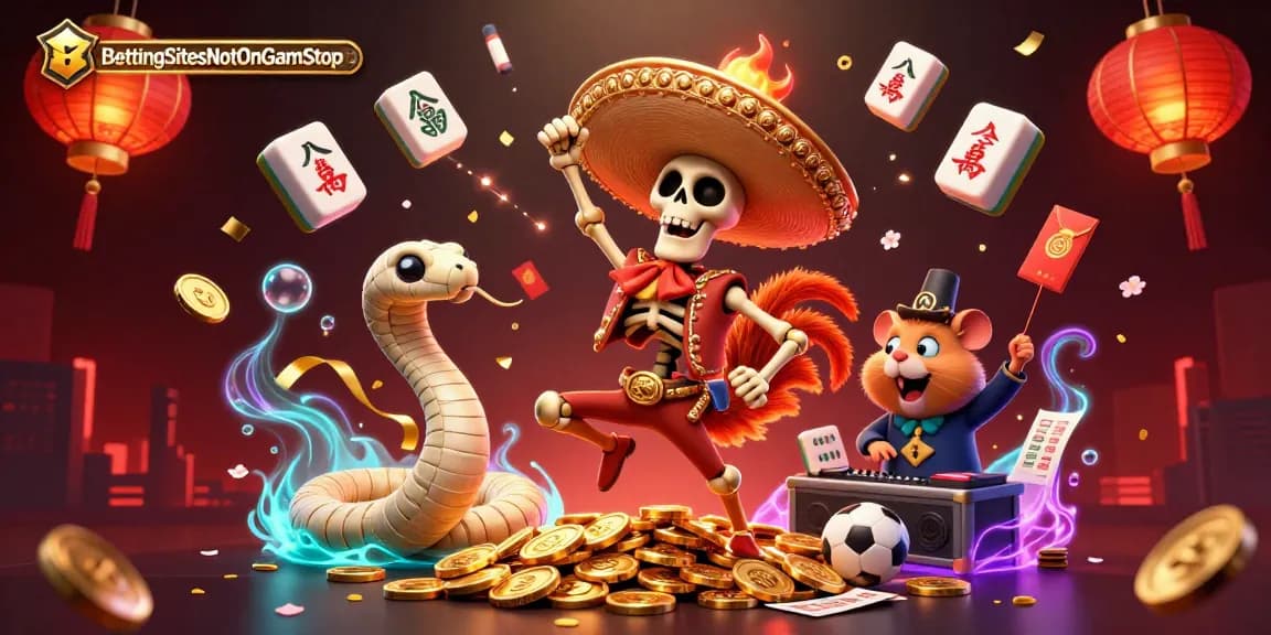 BettingSitesNotOnGamStop showcases a lively scene with a 3D mariachi rooster and friends celebrating sports betting excitement.