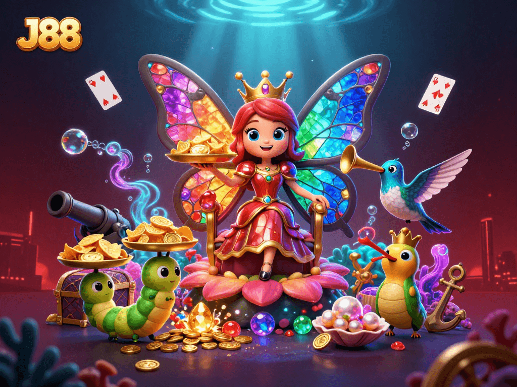 Experience excitement at J88 casino with a vibrant butterfly queen and treasure elements.