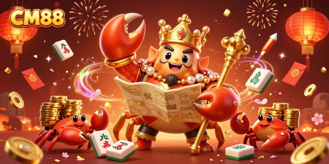 Experience the excitement of CM88's vibrant casino scene with a golden crab and treasures.