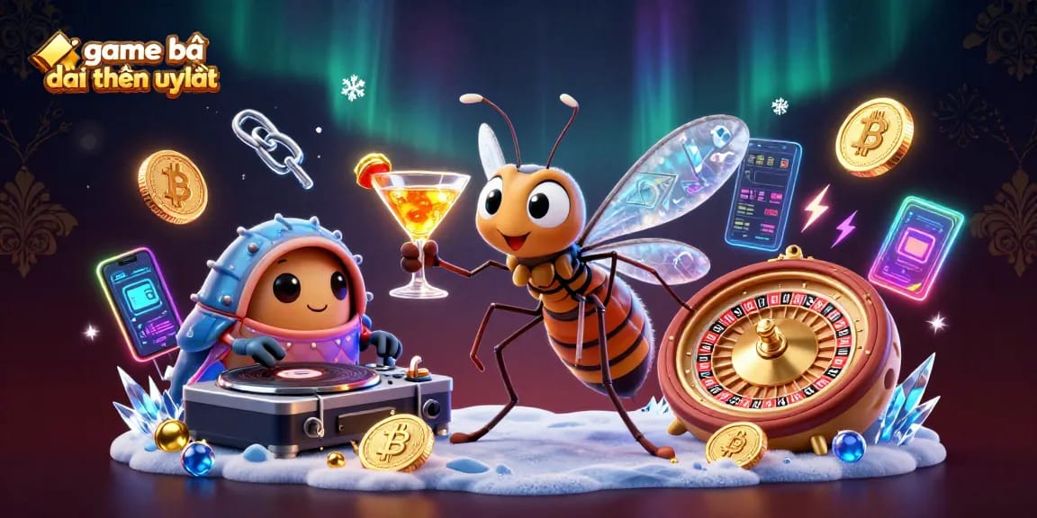 Discover game bài đổi thưởng uy tín in a vibrant casino scene filled with unique characters and glowing crypto elements.