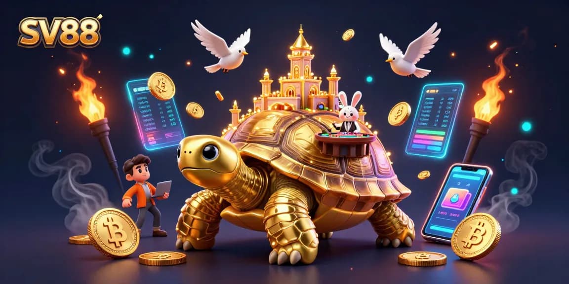 SV88's golden tortoise casino scene with a rabbit dealer and flying coins creating vibrant energy.