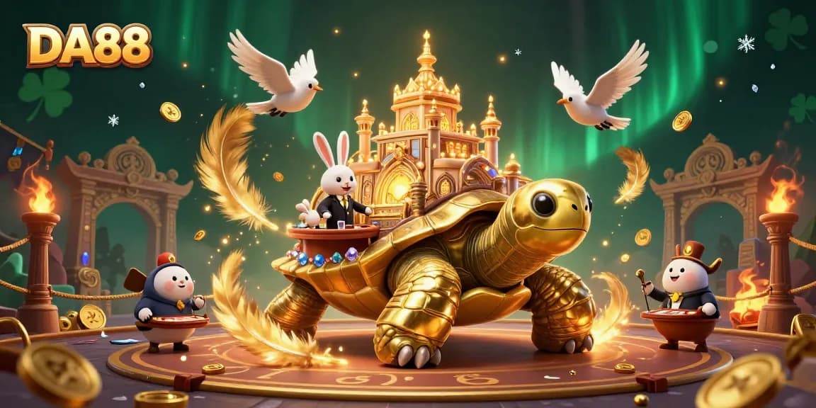 Engage with DA88 at a vibrant casino scene featuring a golden tortoise, rabbit dealer, and magical elements.