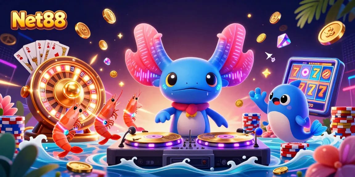 Experience an exciting Net88 casino scene with vibrant characters and dazzling game elements.