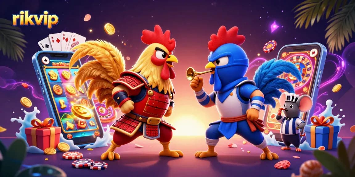 Engage in thrilling battles at rikvip where fighting roosters take center stage amidst a colorful casino backdrop.