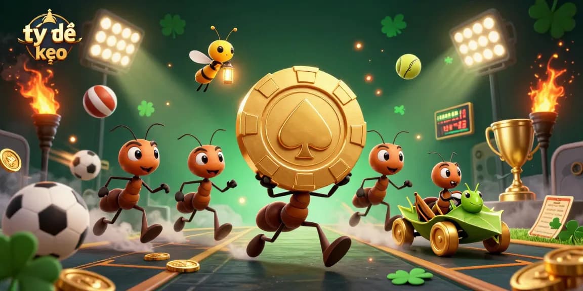 Bettors boosting their chances with tỷ lệ kèo while ants carry a gigantic poker chip.