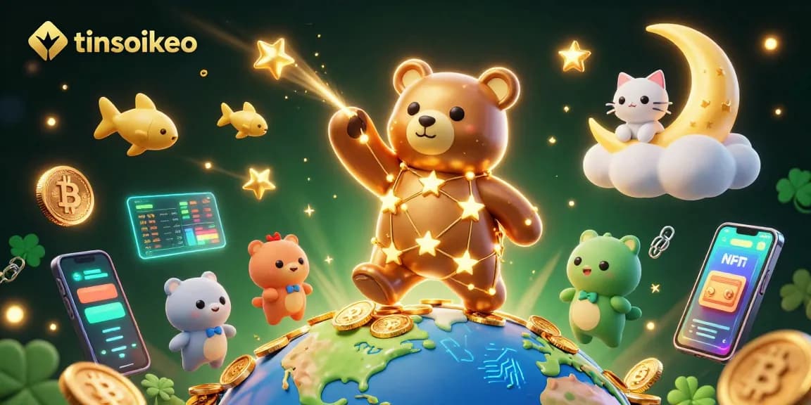 Tinsoikeo's vibrant 3D scene showcases a constellation bear collecting coins, representing online gambling excitement.