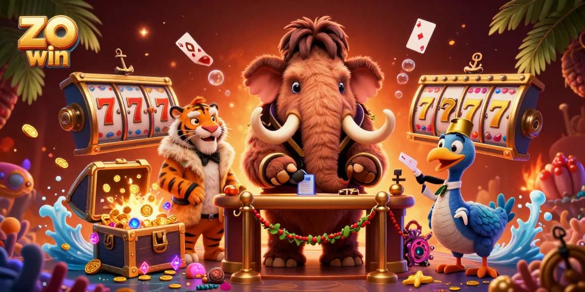 Exciting scene at the zo win casino featuring a woolly mammoth bouncer, a saber-tooth tiger VIP, and vibrant slot elements.