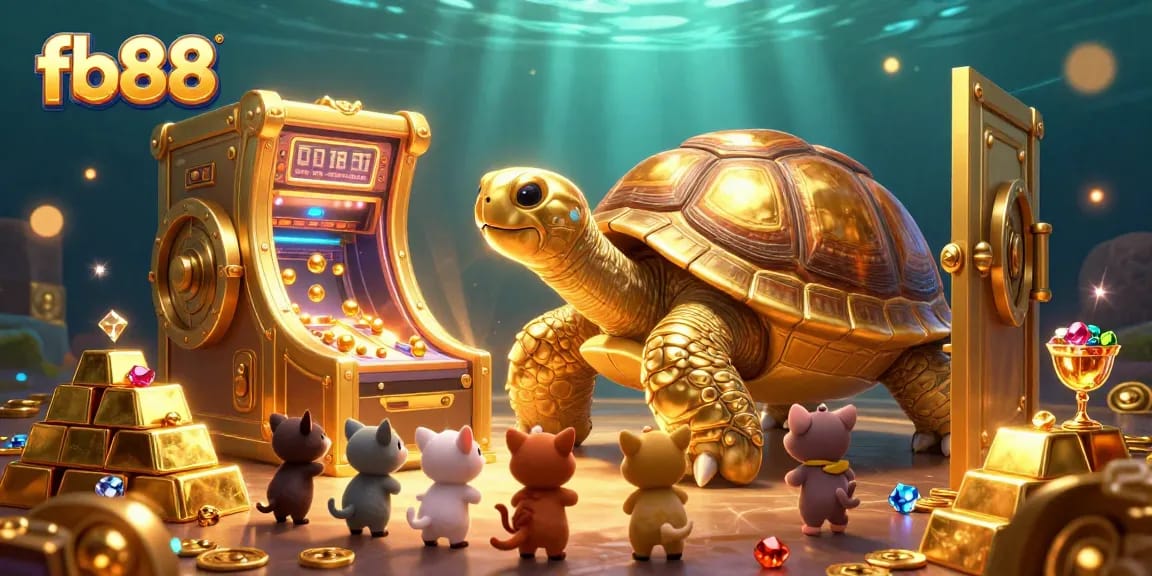 Engage in exciting casino games at fb88 with a vibrant 3D illustration of a golden tortoise pinball machine.