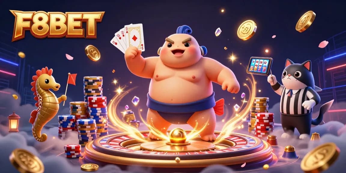 Engage with F8BET's vibrant underwater casino scene featuring a fugu, catfish referee, and seahorse fans.