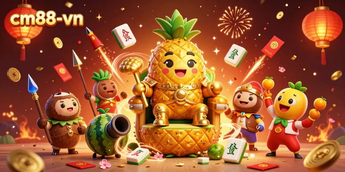 Experience vibrant energy of cm88-vn through a lively casino scene featuring a golden pineapple king and dynamic elements.