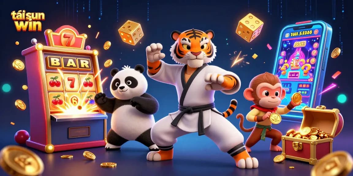 Experience vibrant gaming action with tải sun win featuring a kung fu tiger and friends in a dynamic casino scene.