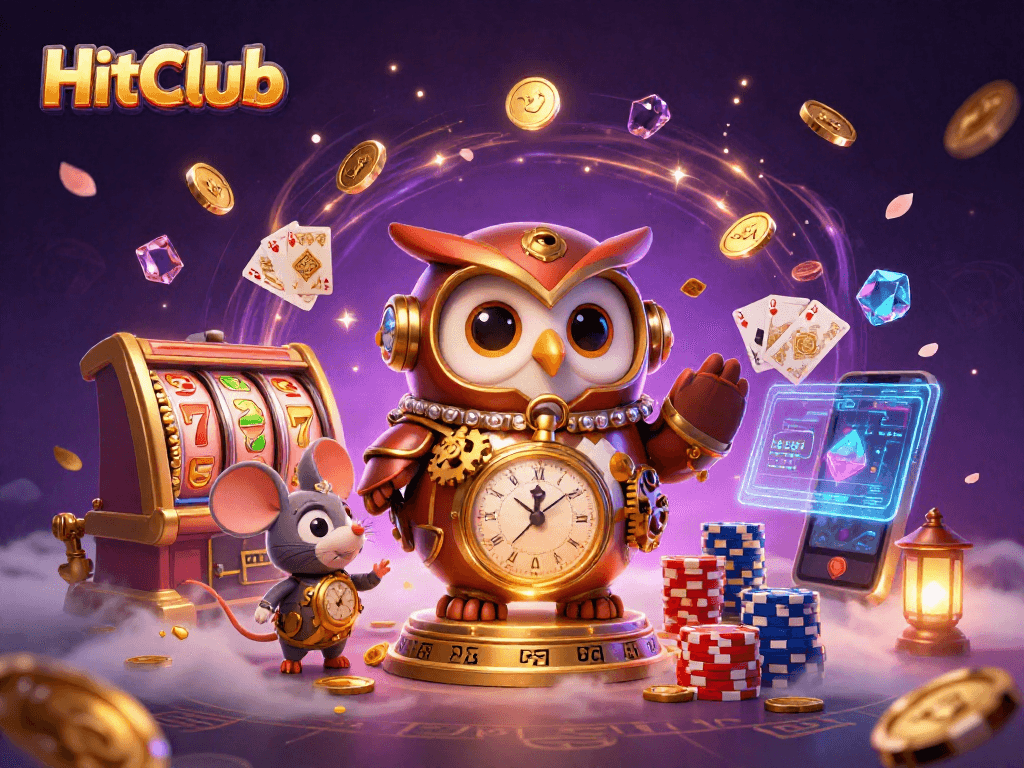 HitClub showcases thrilling casino action with a steampunk owl, jackpot symbols, and vibrant game elements.