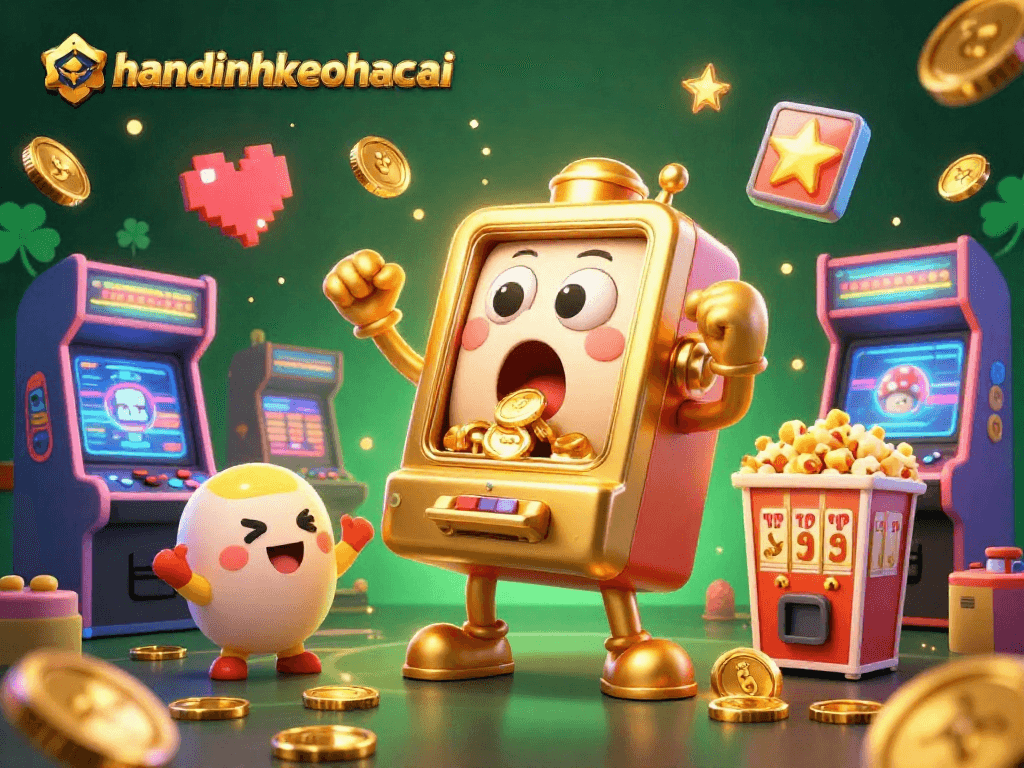 nhandinhkeonhacai animated slot machine jackpots with golden coins, cheering mini slots and popcorn, a colorful casino scene.