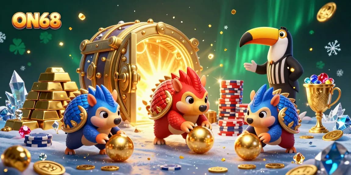 ON68 presents a dynamic casino scene with rival pangolins playing amidst poker chips and treasures.