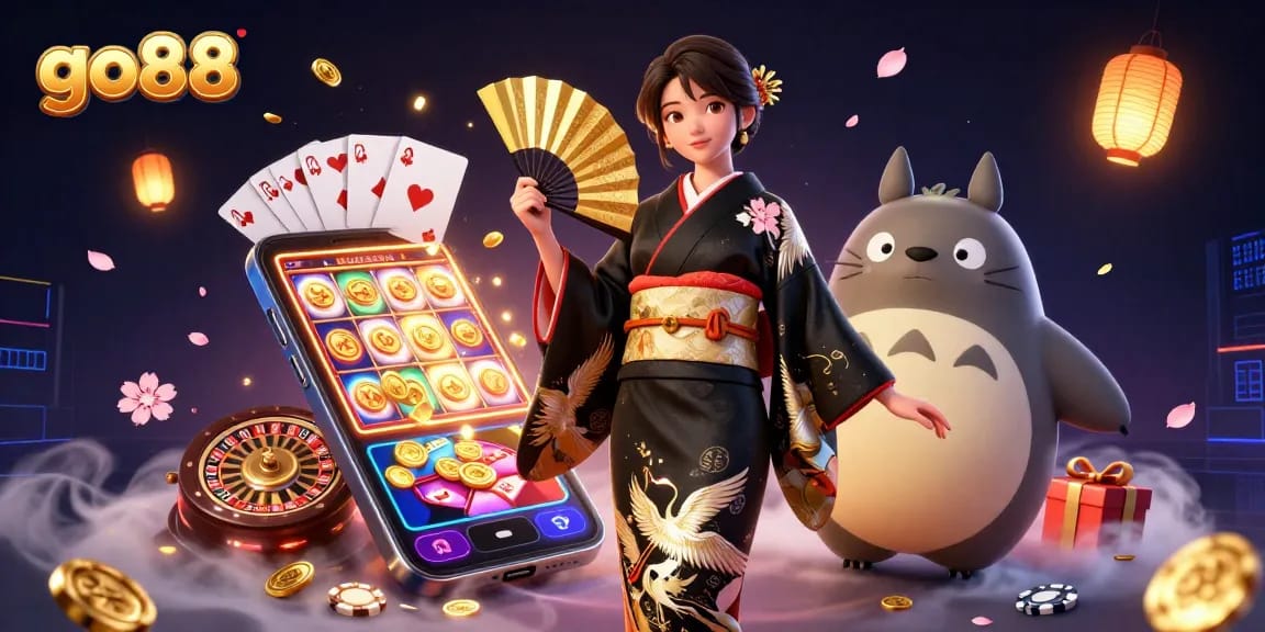 Experience go88 with a captivating scene of dynamic characters, exciting casino games, and vibrant visuals.