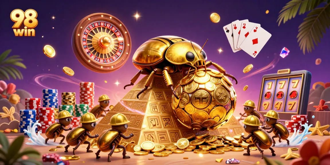 Engage with exciting games at 98 win, featuring golden coins cascading and a vibrant casino scene.