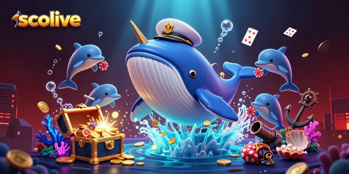 Socolive sports betting scene with cartoon whale, narwhal, and dolphins celebrating wins among treasures.