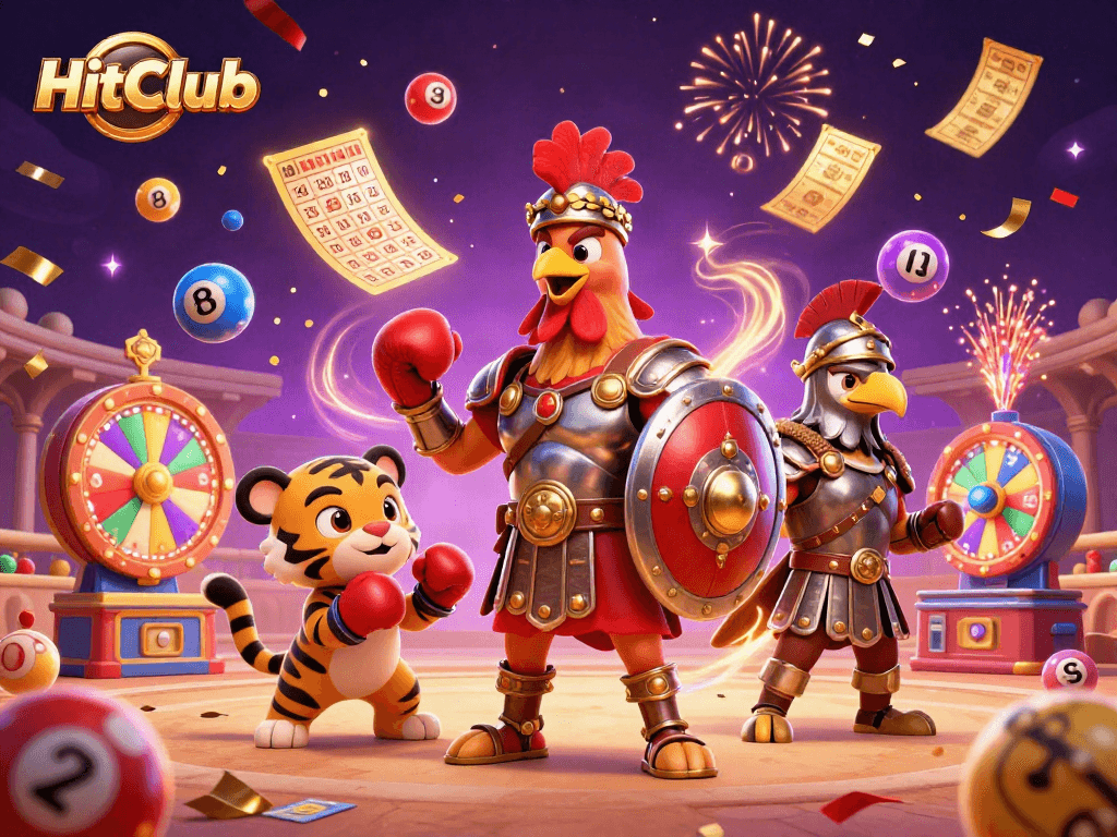 Engage in thrilling gaming action at HitClub with dynamic 3D illustration of gladiator rooster and casino fun.