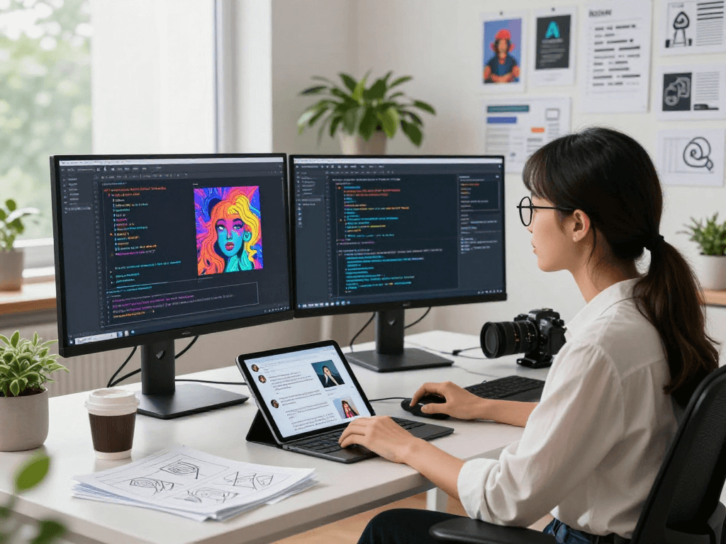 Developer utilizing nsfw ai technologies in a vibrant modern workspace.