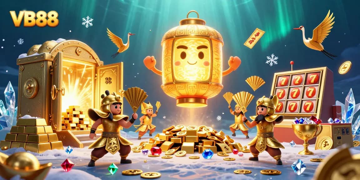 Experience the thrilling excitement of VB88 with a vibrant casino scene featuring golden treasures and lucky symbols.