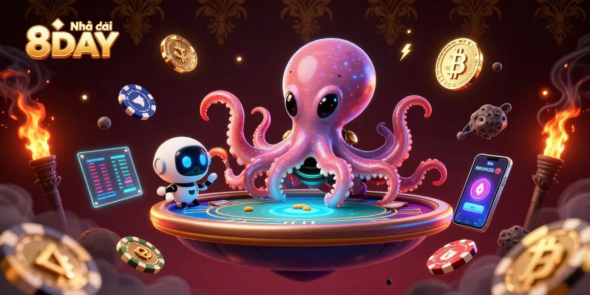 Experience thrilling gameplay at Nhà cái 8DAY with an exciting alien-themed casino illustration showcasing poker elements.