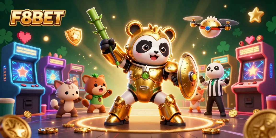 Experience F8BET with a vibrant 3D cartoon arena showcasing a golden panda in action.