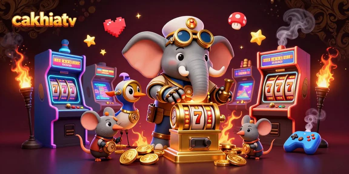 Experience the excitement of cakhiatv with a steampunk elephant engineer at a golden slot machine.