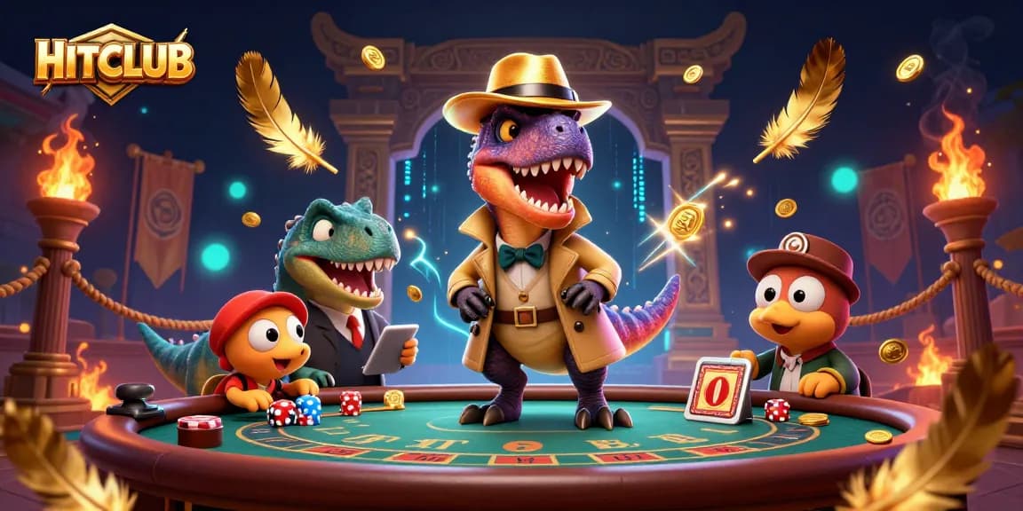 Engage in thrilling gameplay at HITCLUB with a cartoon velociraptor card counter amidst a vibrant casino scene.