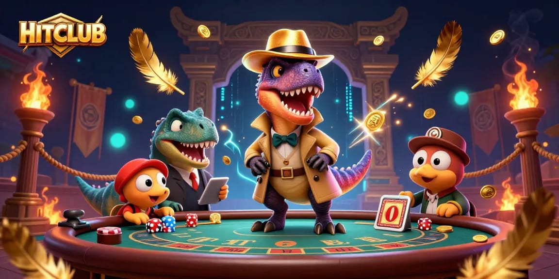 Engage in thrilling gameplay at HITCLUB with a cartoon velociraptor card counter amidst a vibrant casino scene.