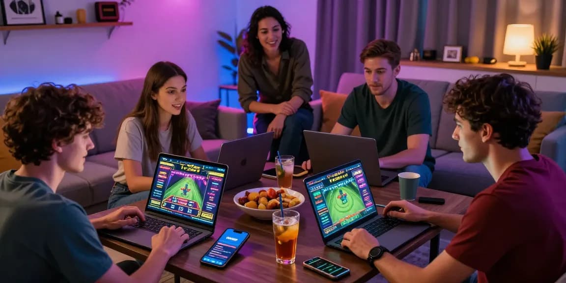 Friends enjoying online gaming with TK999 on laptops in a vibrant living room setting.