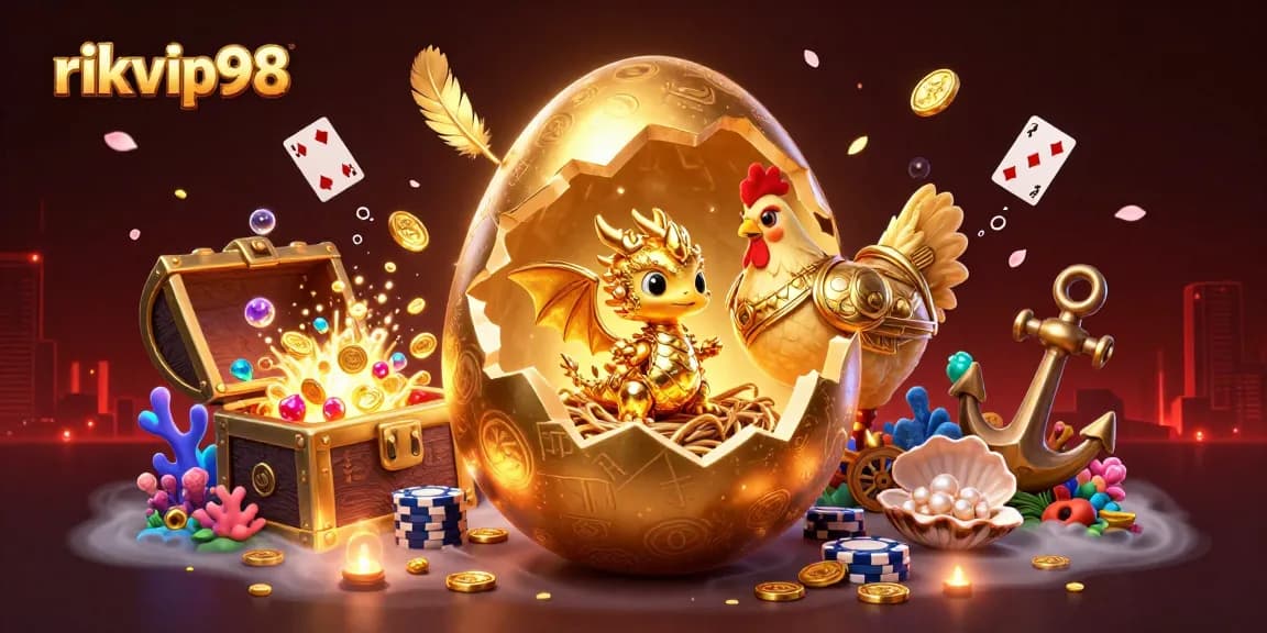 Experience thrilling wins at rikvip98 with a dazzling scene of a golden baby dragon and casino treasures.