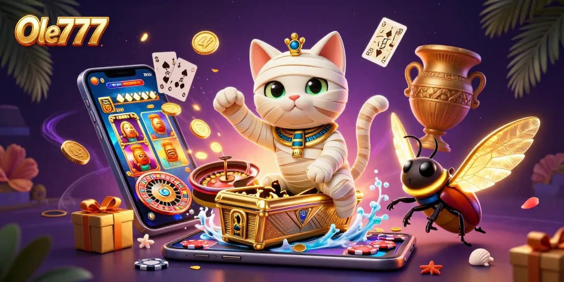 Experience thrilling gameplay at Ole777 with a vibrant casino scene featuring a mummy cat and rich gaming elements.