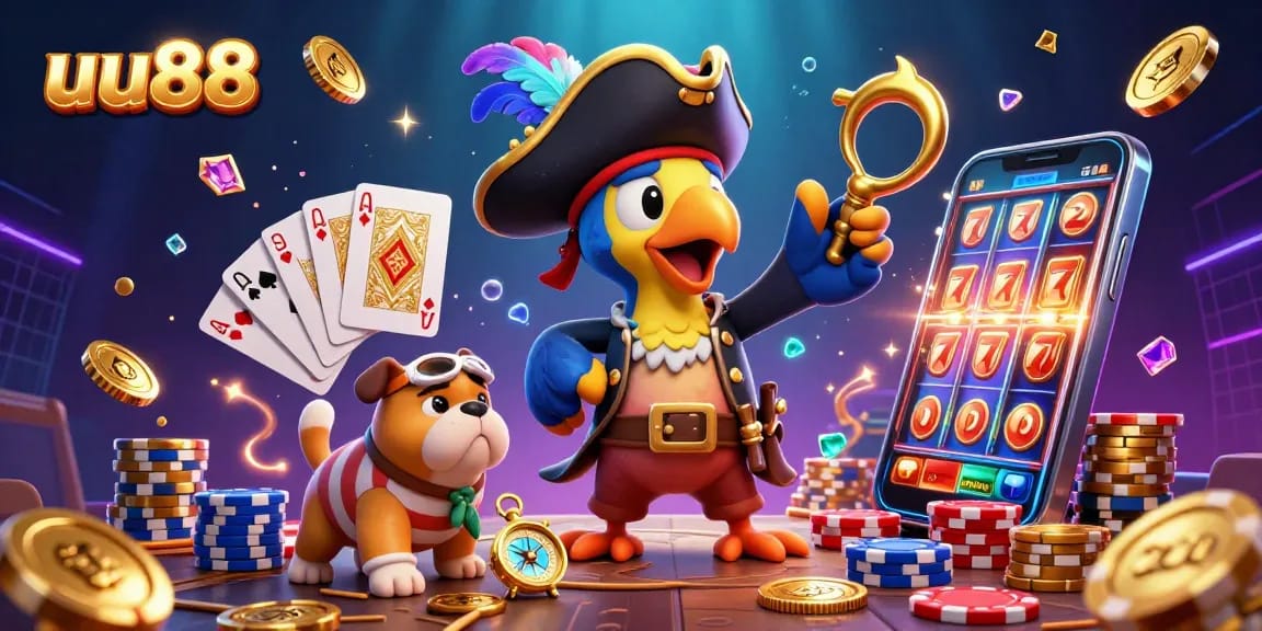 Experience the thrill of uu88 with a vibrant casino scene featuring pirate characters, coins, and playing cards.